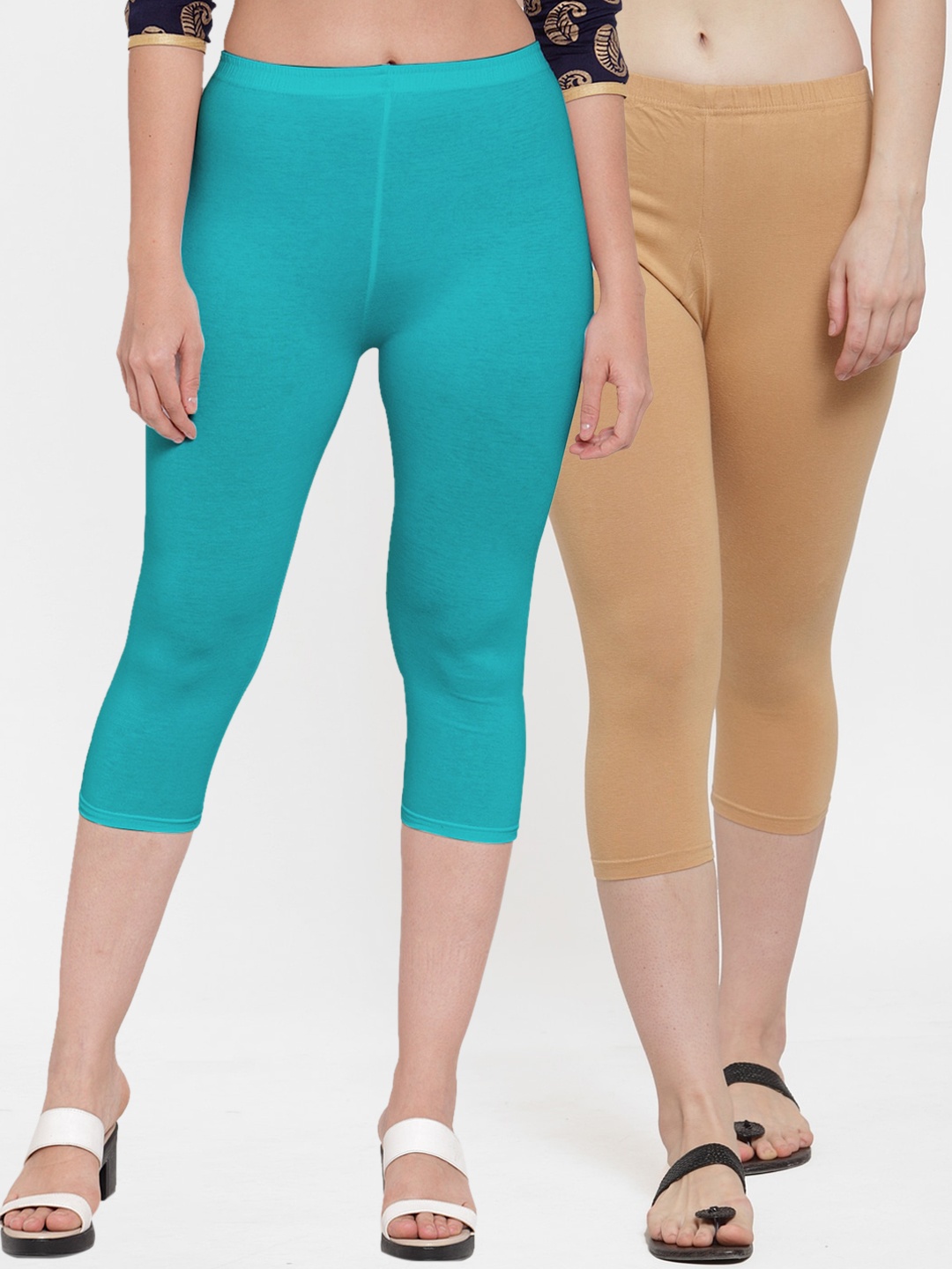 

Jinfo Pack Of 2 Women Beige & Blue Solid Cotton Slim Fit Capris