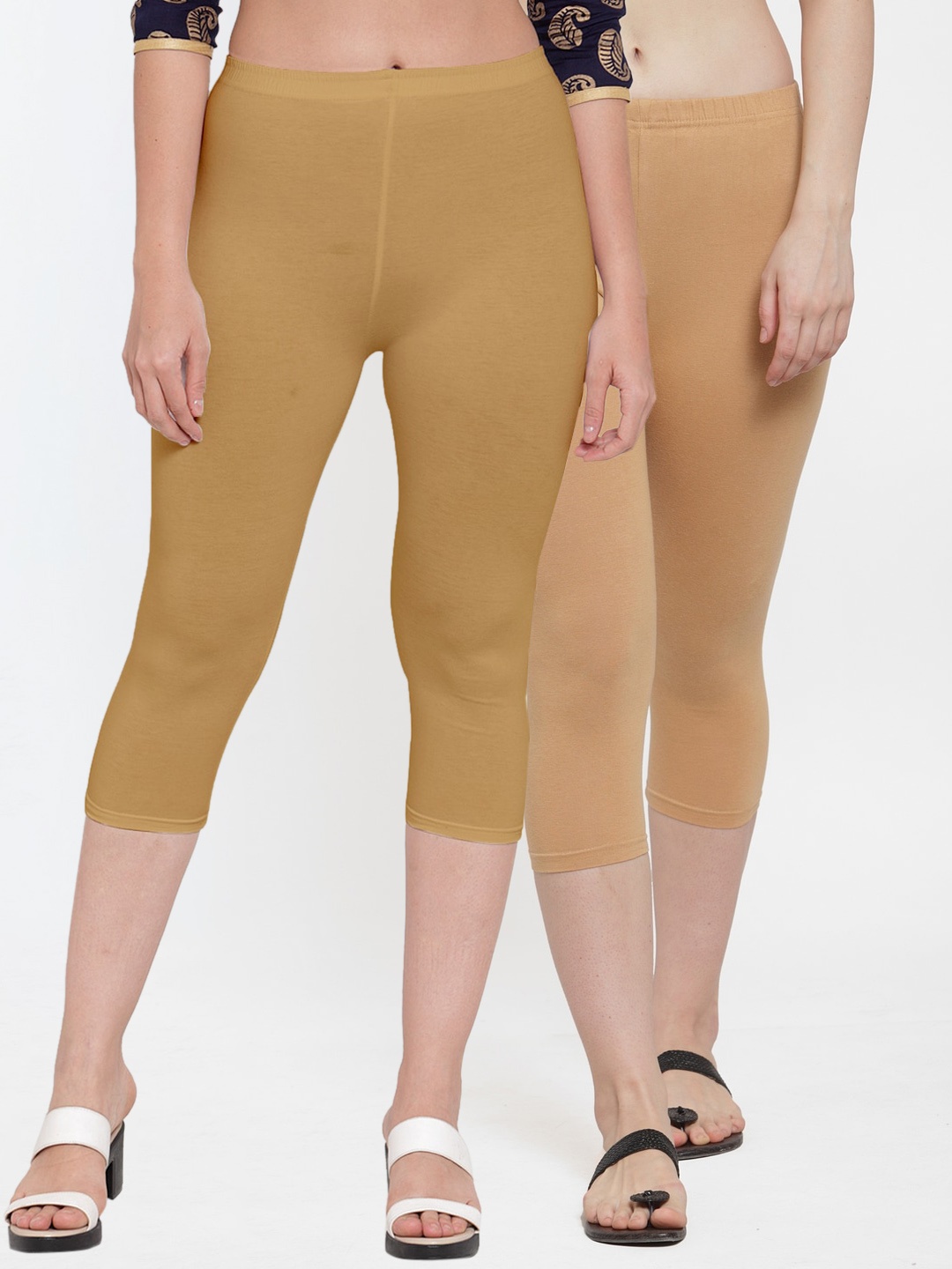 

Jinfo Women Pack of 2 Beige & Tan Skinny Fit Capris