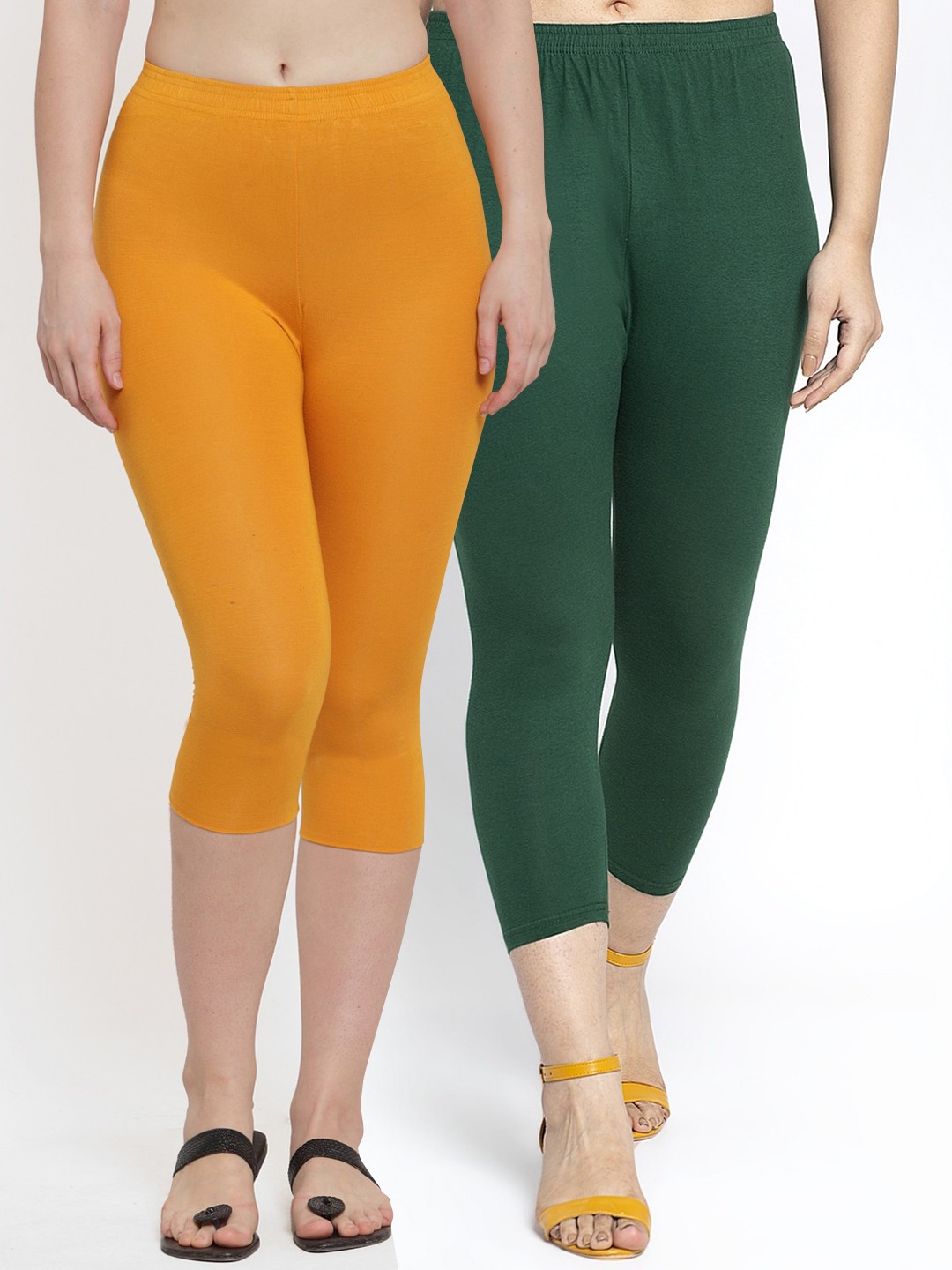 

Jinfo Women Pack Of 2 Green & Mustard Cotton Capris