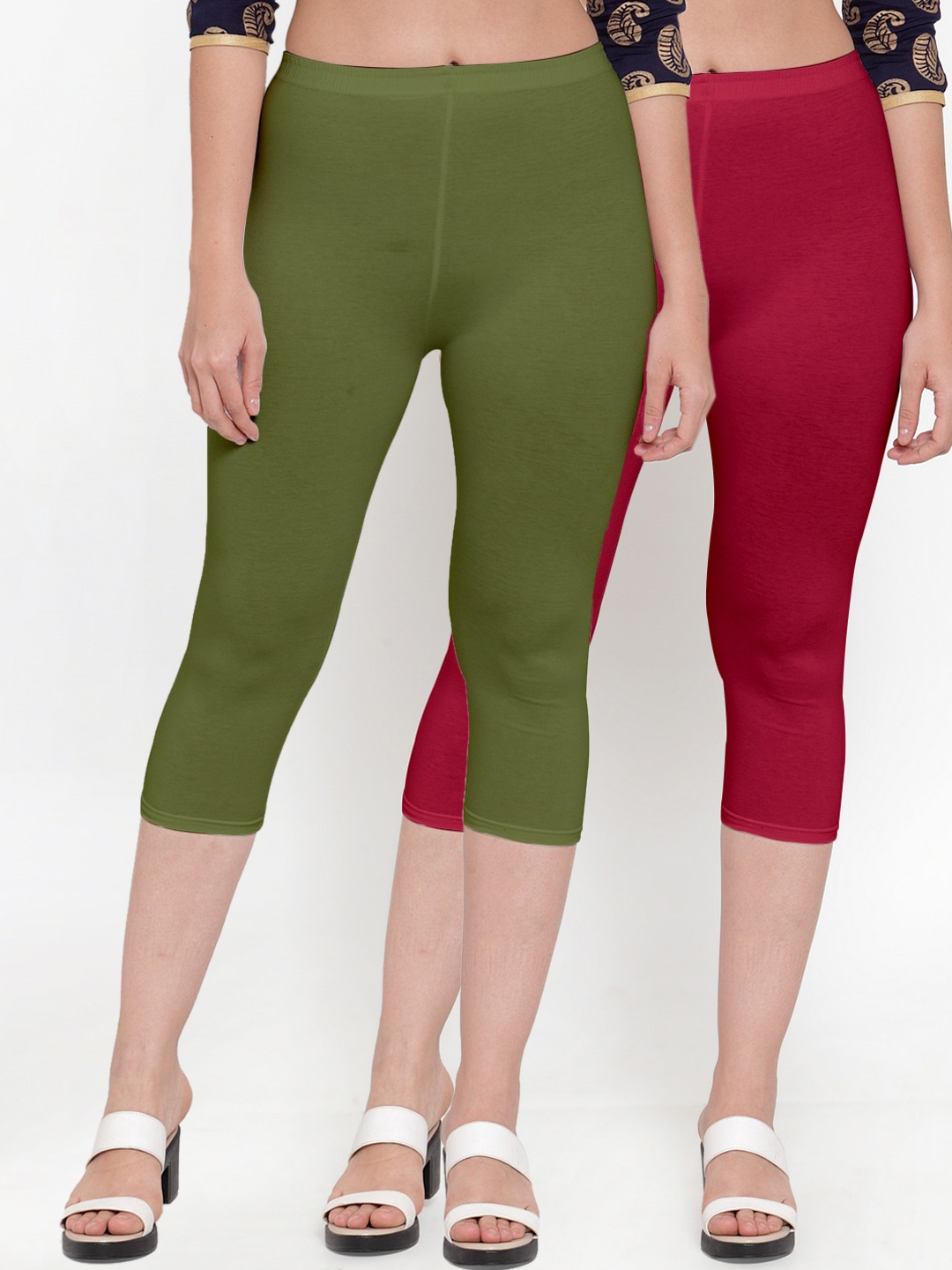 

Jinfo Women Pack Of 2 Maroon & Green Combed Cotton Lycra Capris