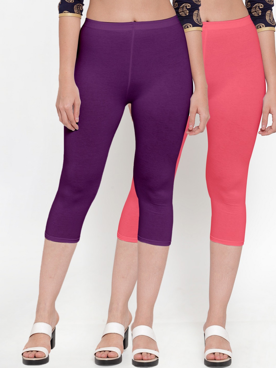 

Jinfo Set of 2 Women Pink & Purple Super Combod Cotton Lycra Capri