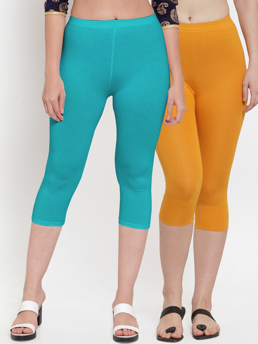 

Jinfo Set of 2 Women Yellow & Blue Super Combod Cotton Lycra Capri