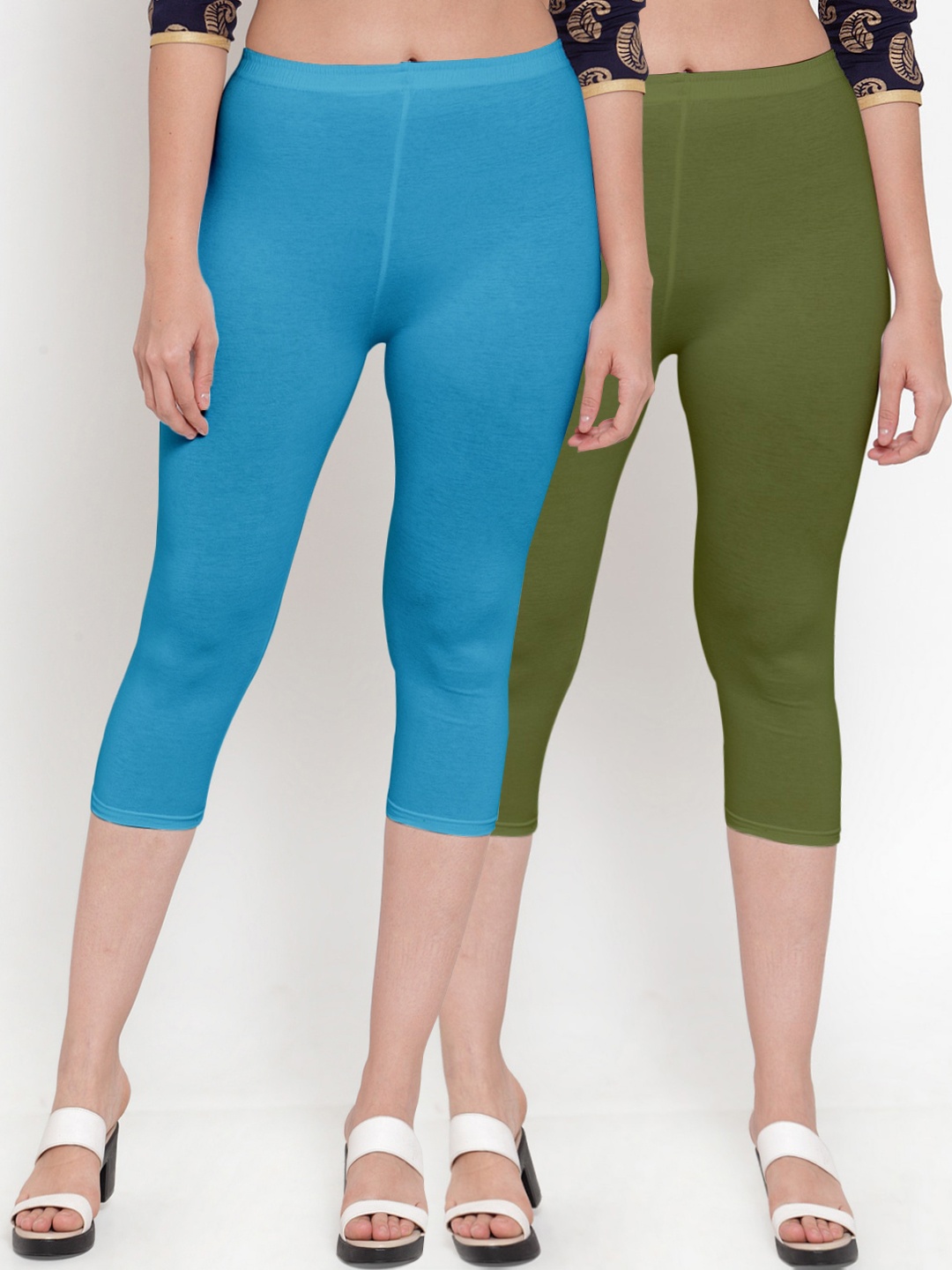 

Jinfo Set of 2 Women Blue & Green Super Combod Cotton Lycra Capri