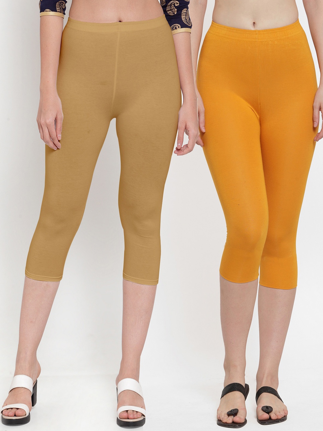 

Jinfo Set of 2 Women Yellow & Beige Super Combod Cotton Lycra Capri