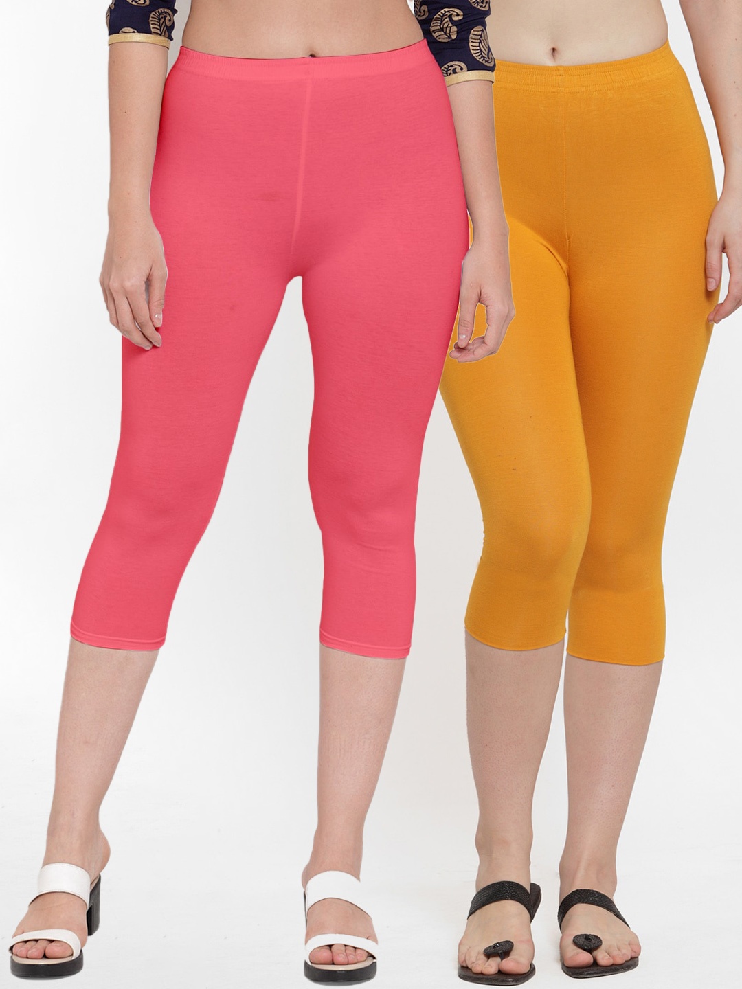 

Jinfo Women Pack Of 2 Pink & Yellow Combed Cotton Lycra Capris