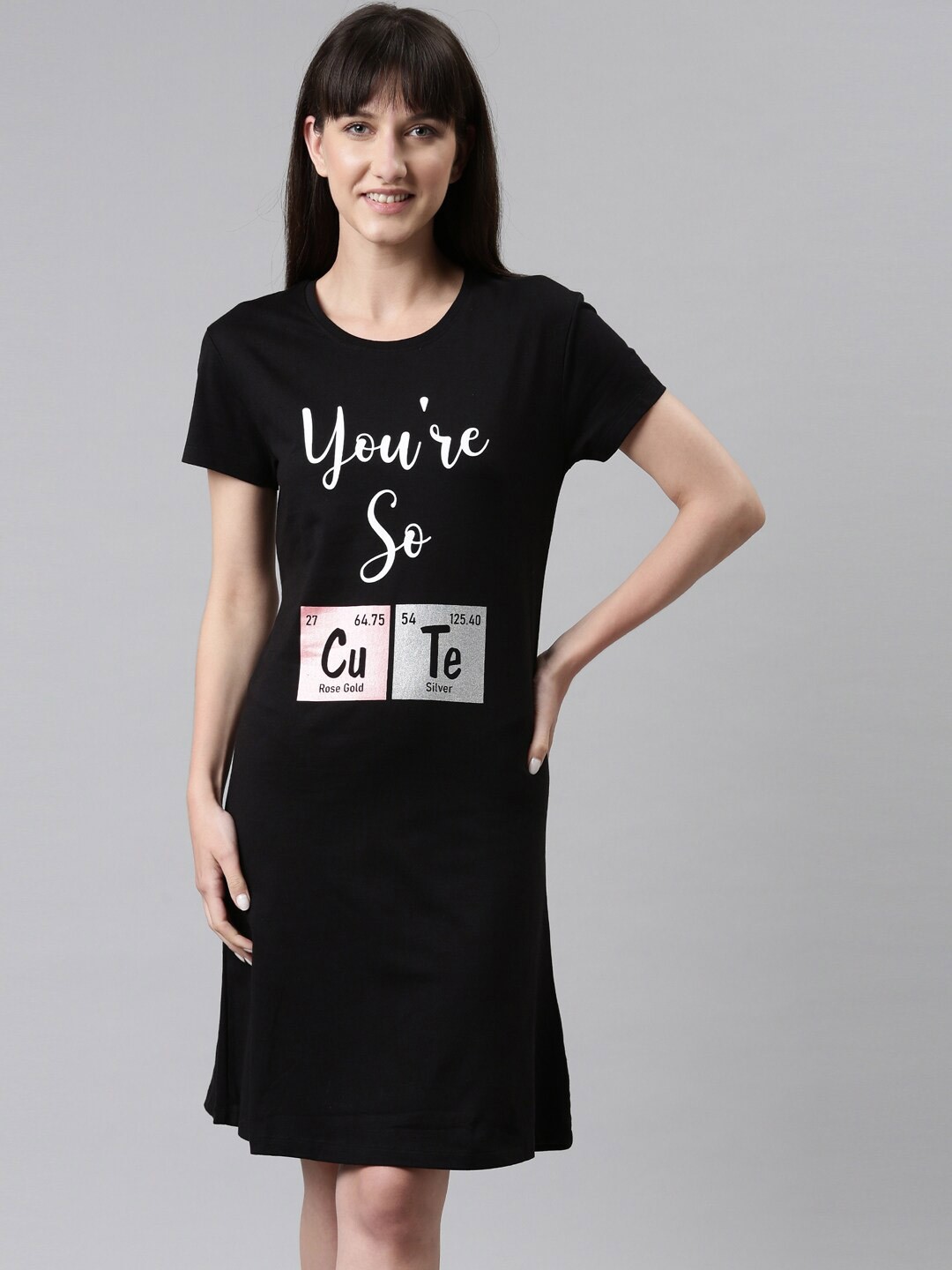 

TWIN BIRDS Black Printed Pure Cotton Nightdress