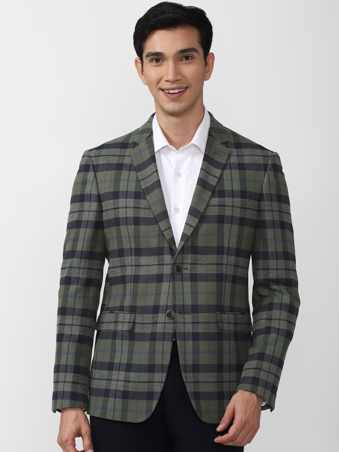 

Peter England Elite Men Green Checked Slim-Fit Single Breasted Formal Blazer