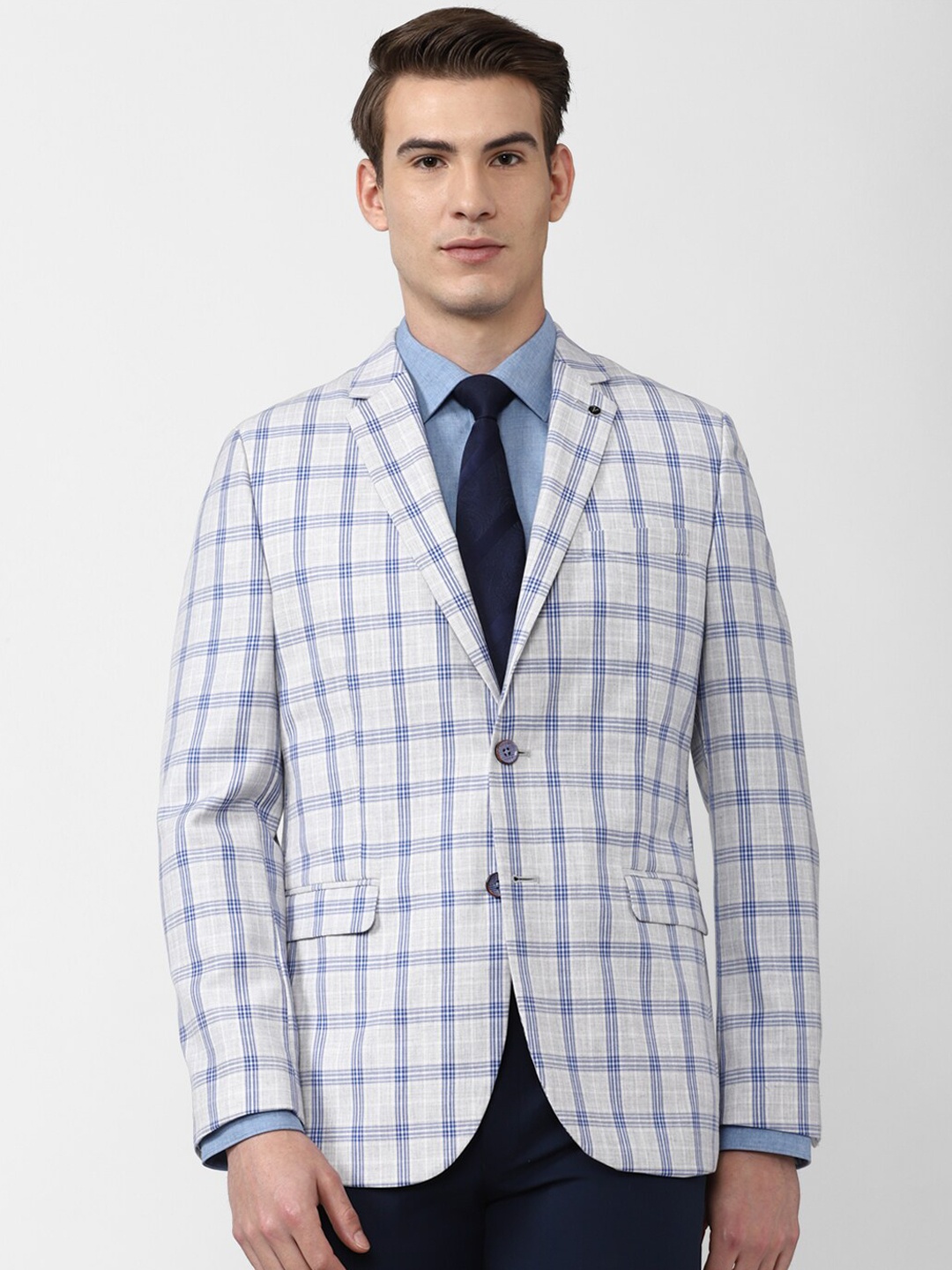 

Van Heusen Men Grey Checked Slim-Fit Single Breasted Notched Lapel Formal Blazer