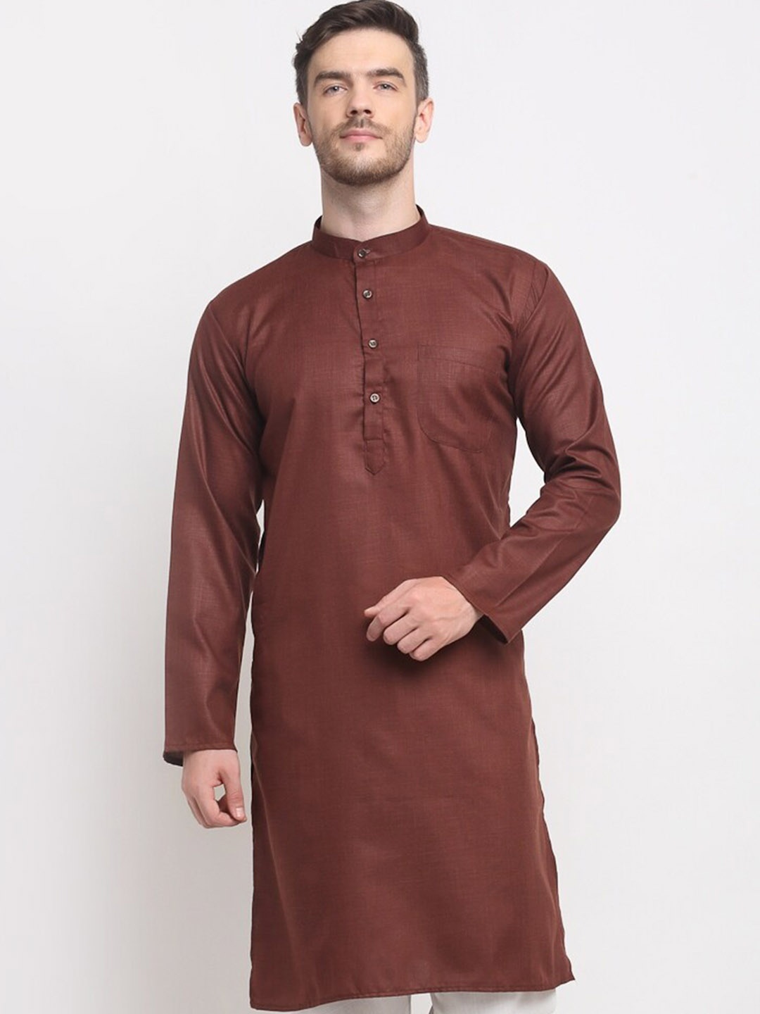 

Benstoke Men Brown Solid Thread Work Straight Kurta