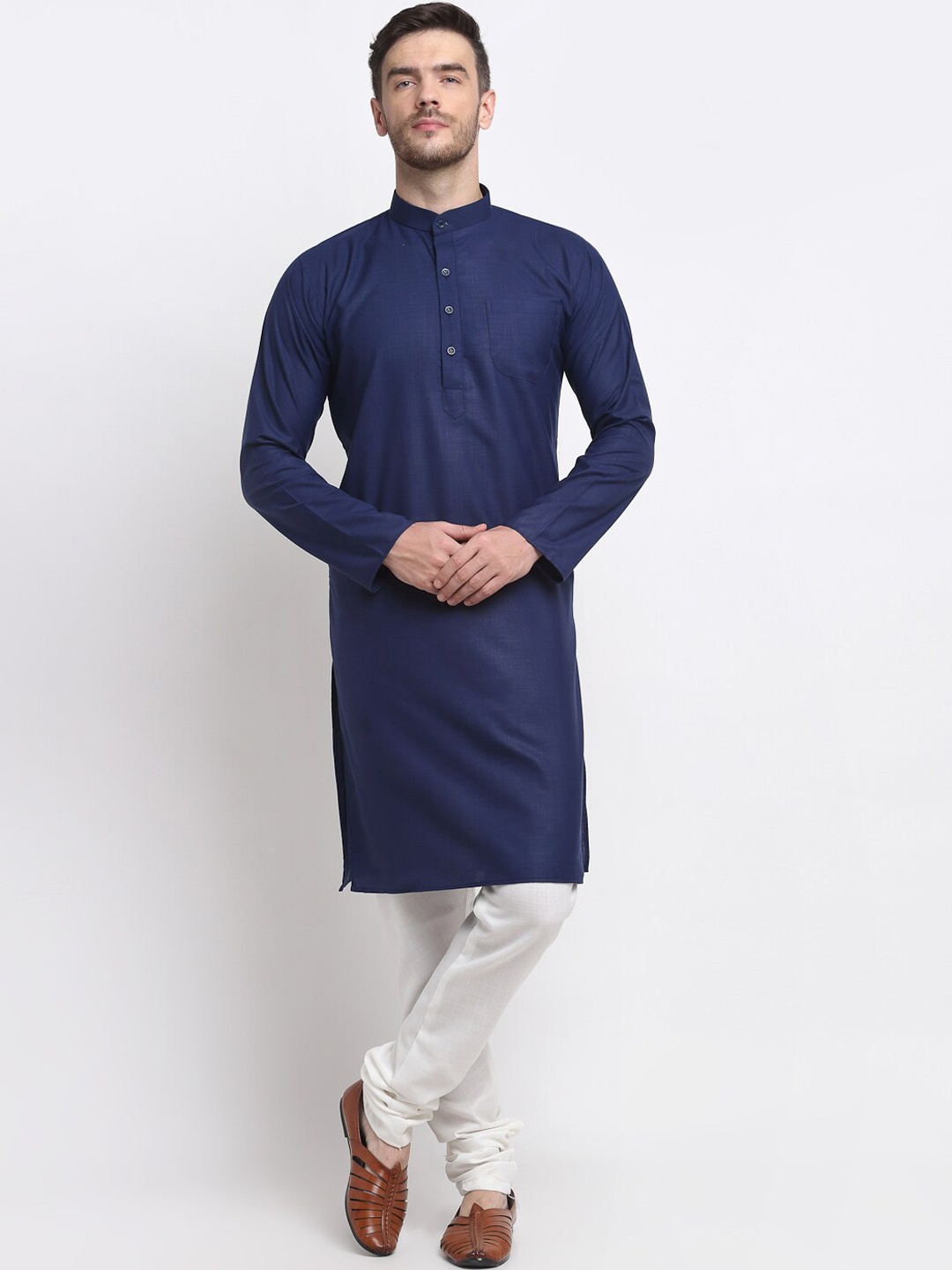 

Benstoke Men Navy Blue Angrakha Kurta With Churidar