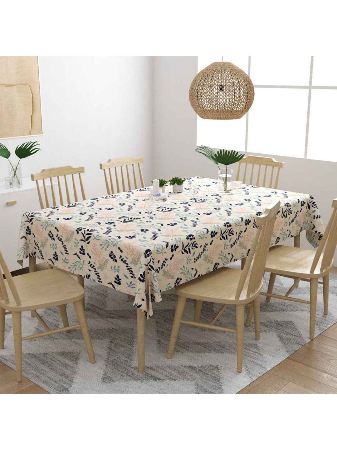 

haus & kinder Beige & Blue Printed 6-Seater Table Cloth