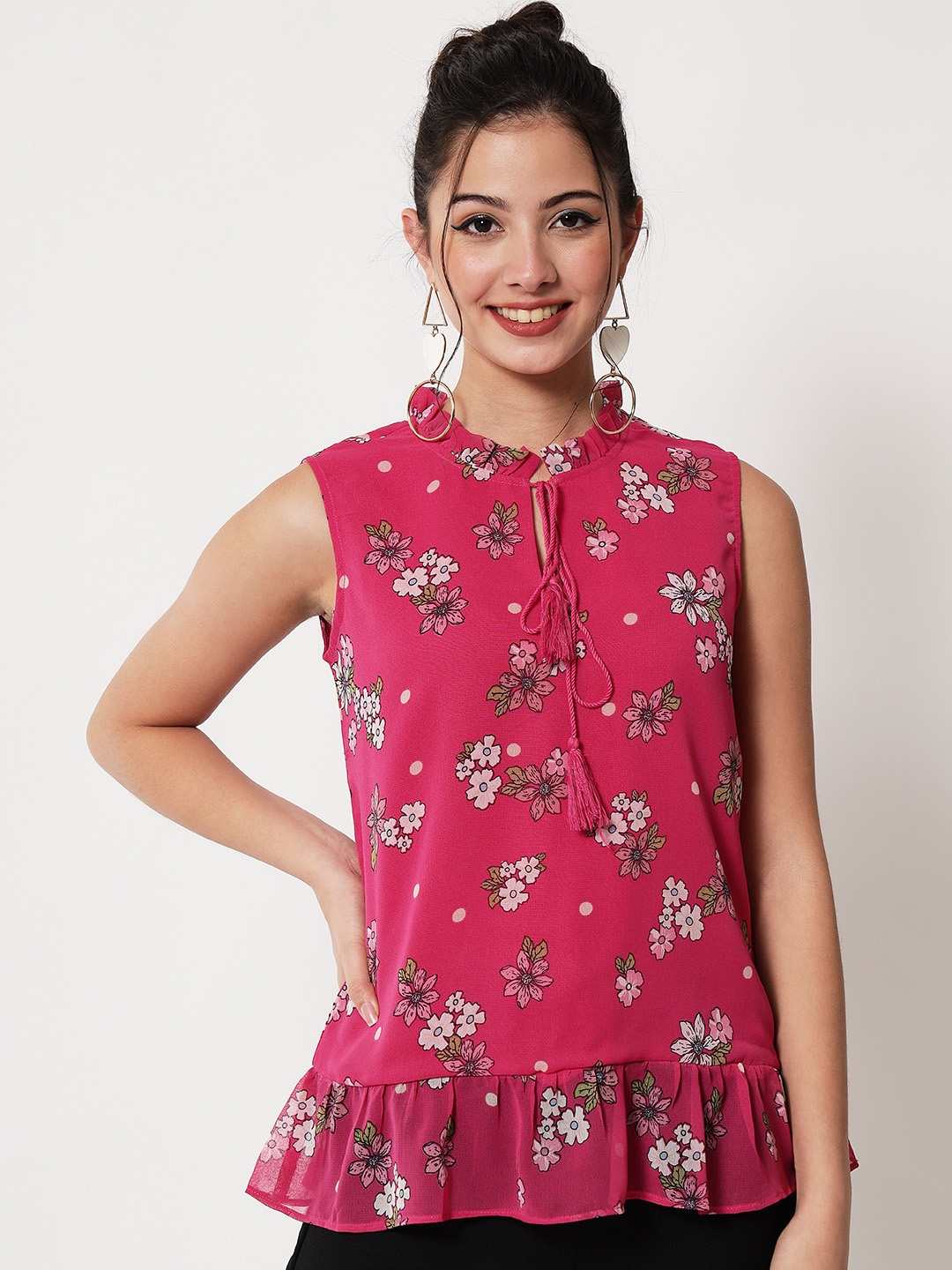 

CHARMGAL Women Pink & Off White Floral Print Crepe Peplum Top