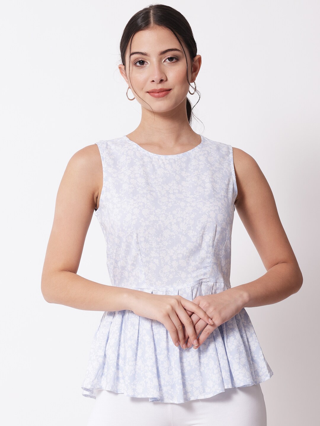 

CHARMGAL Blue & White Floral Printed Peplum Top