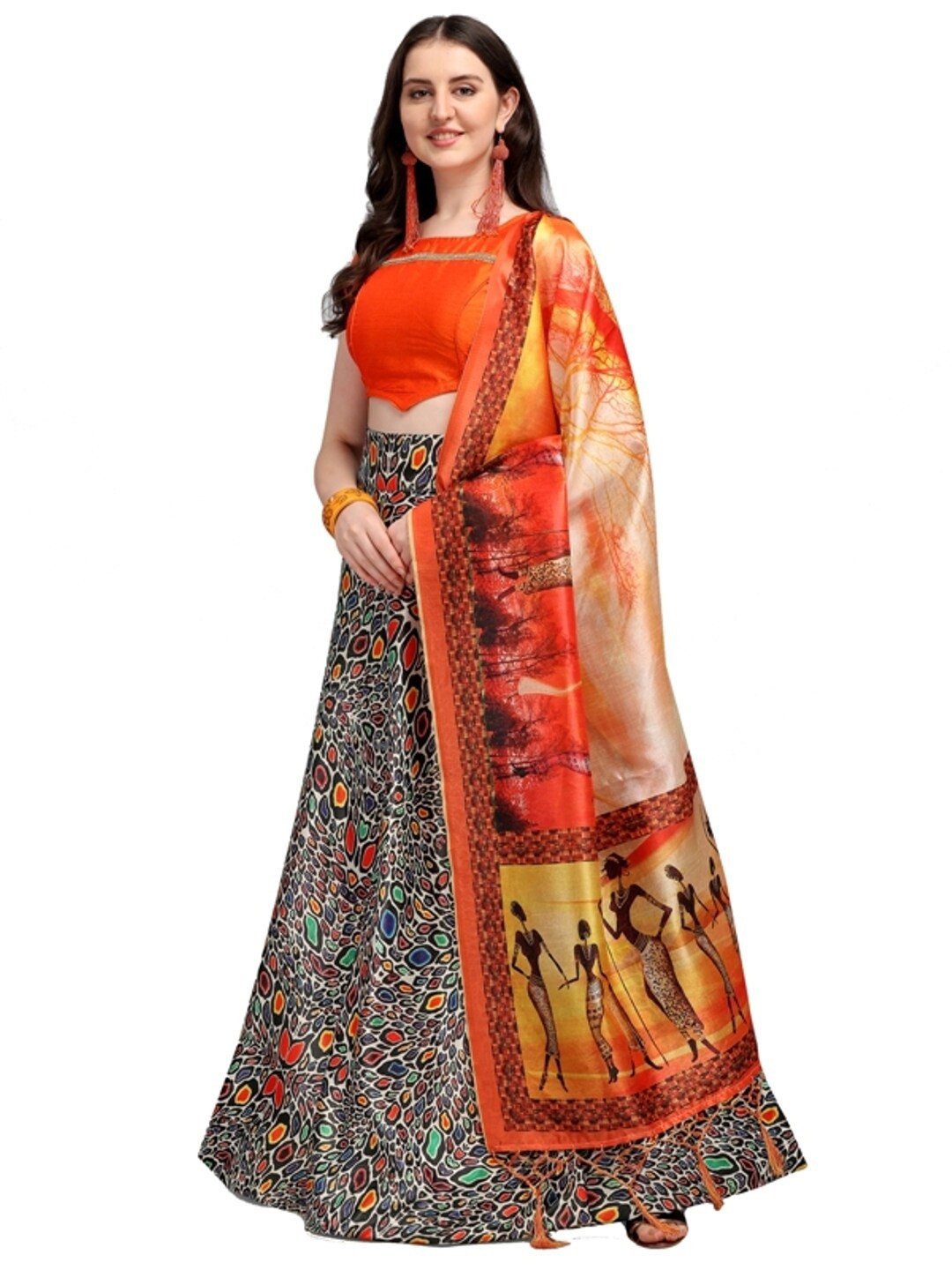 

LOOKFIELD Blue & Orange Semi-Stitched Lehenga & Unstitched Blouse With Dupatta