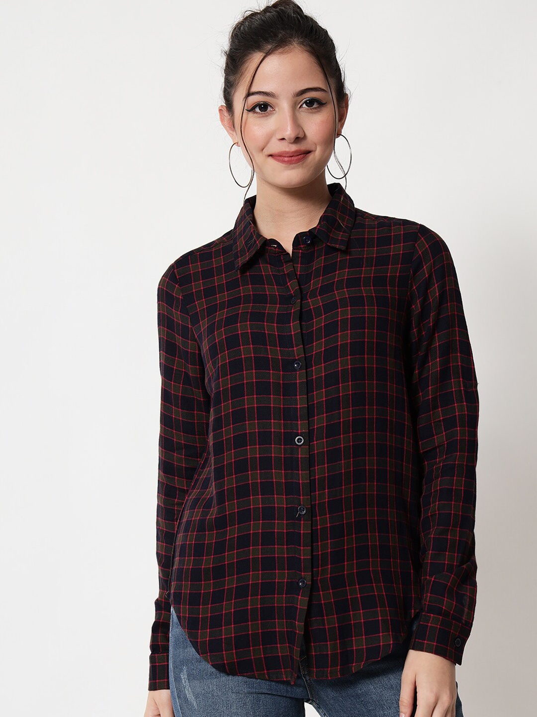 

CHARMGAL Women Blue Relaxed Slim Fit Tartan Checked Casual Shirt