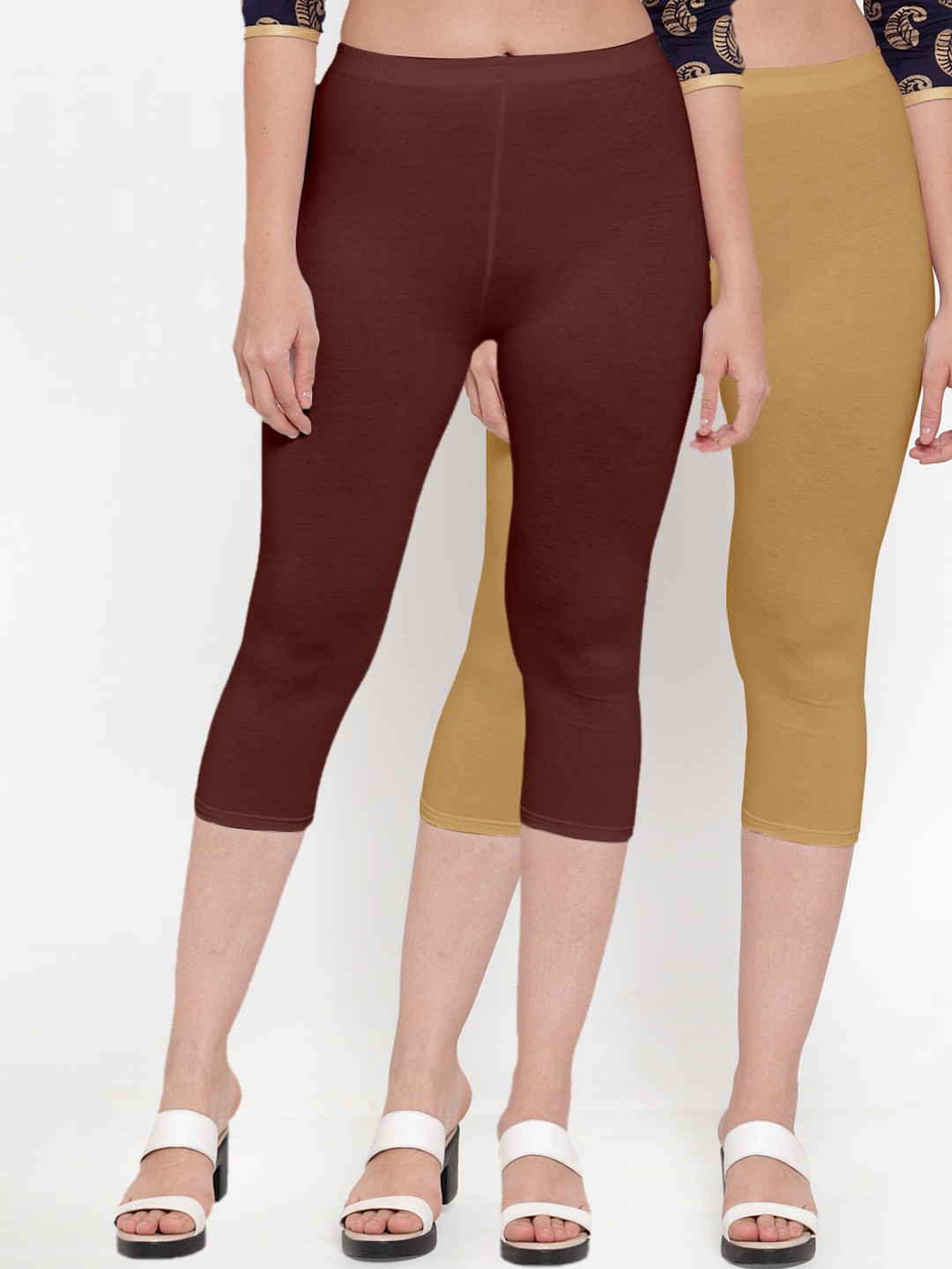 

GRACIT Women Pack Of 2 Brown & Nude-Coloured Cotton Capris