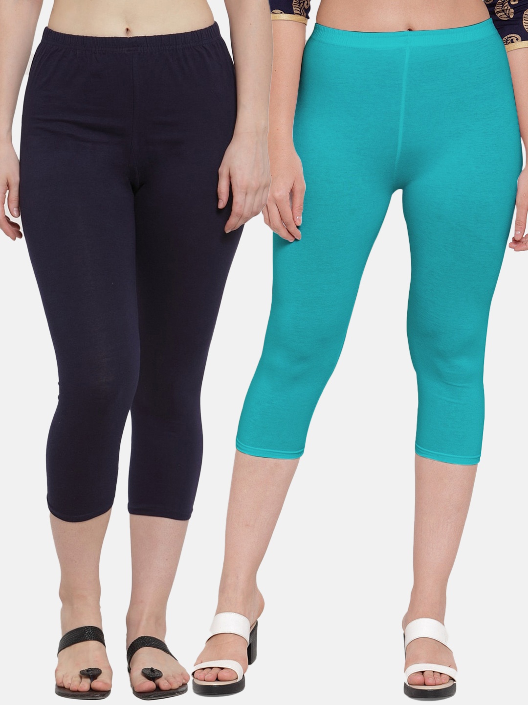 

GRACIT Women Set of 2 Navy Blue & Turquoise Blue Capris