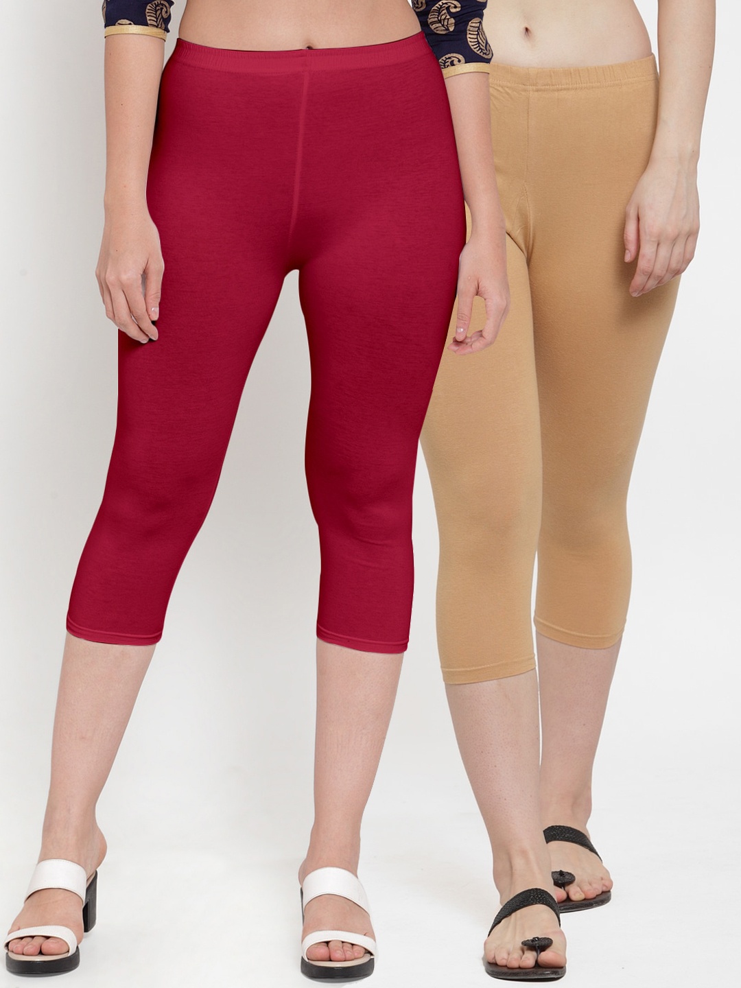 

GRACIT Women Set of 2 Beige & Maroon Capris
