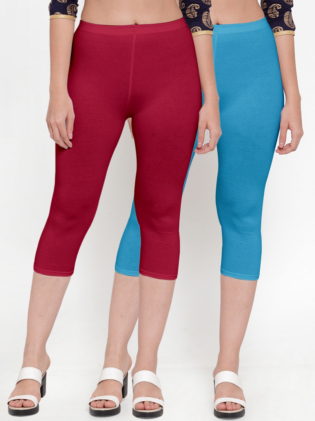 

GRACIT Women Pack Of 2 Maroon & Blue Cotton Lycra Capris