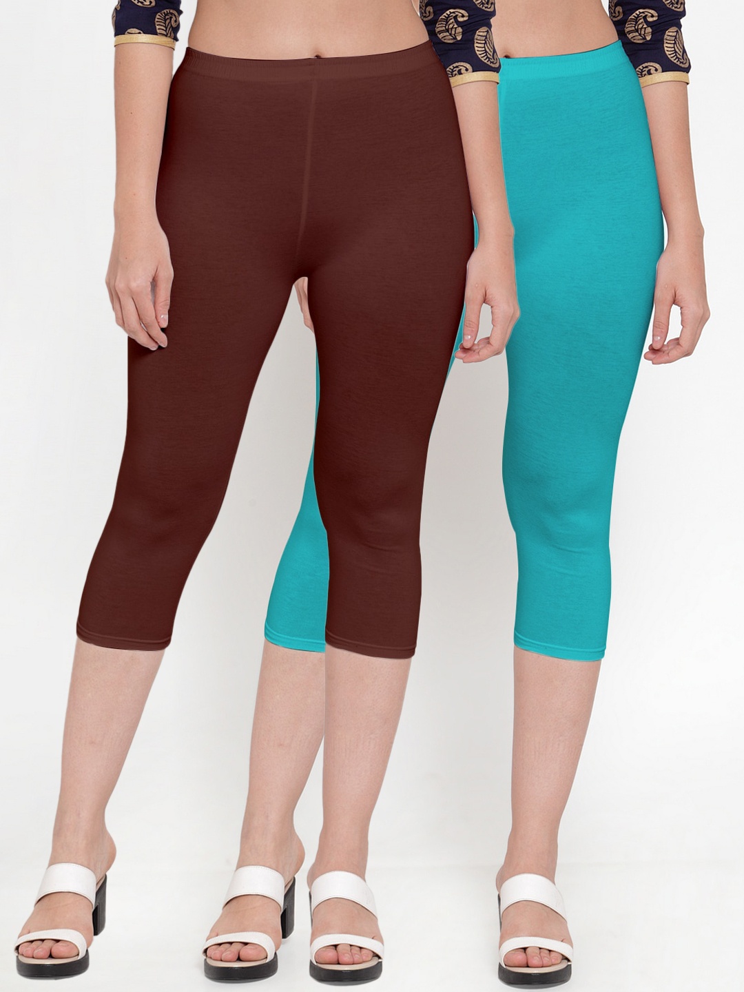 

GRACIT Women Pack Of 2 Brown & Blue Cotton Lycra Capris
