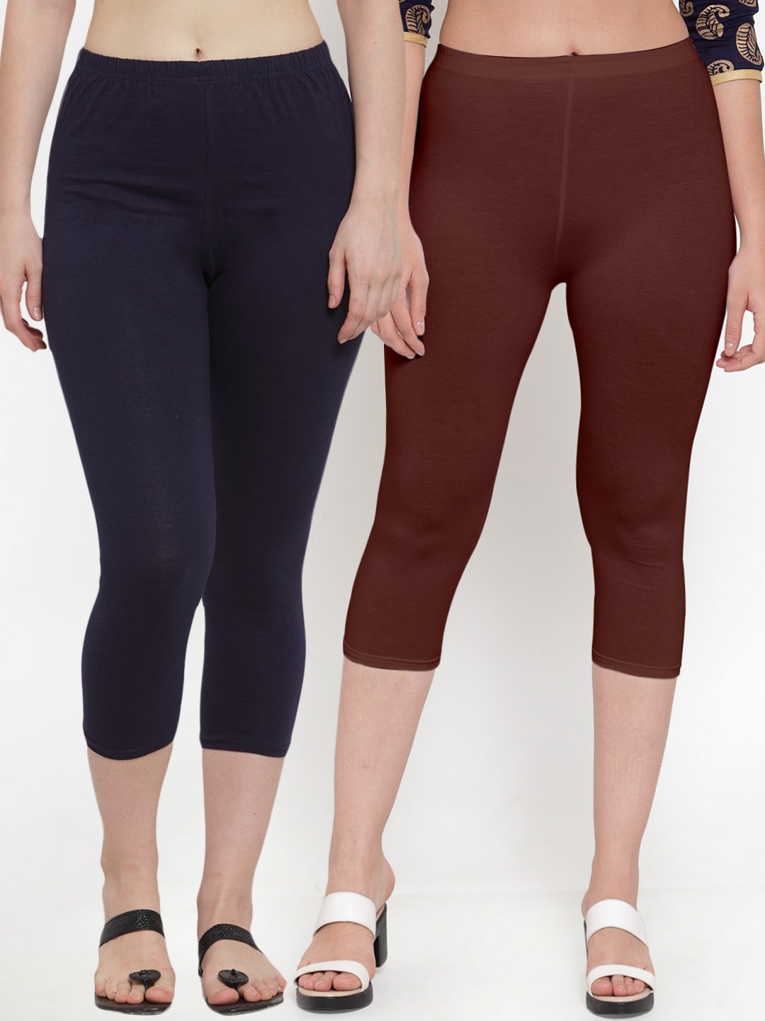 

GRACIT Women Pack of 2 Navy Blue & Brown Solid Capris