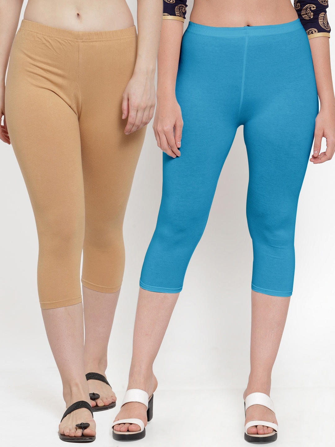 

GRACIT Women Pack Of 2 Beige & Blue Combed Cotton Lycra Capris