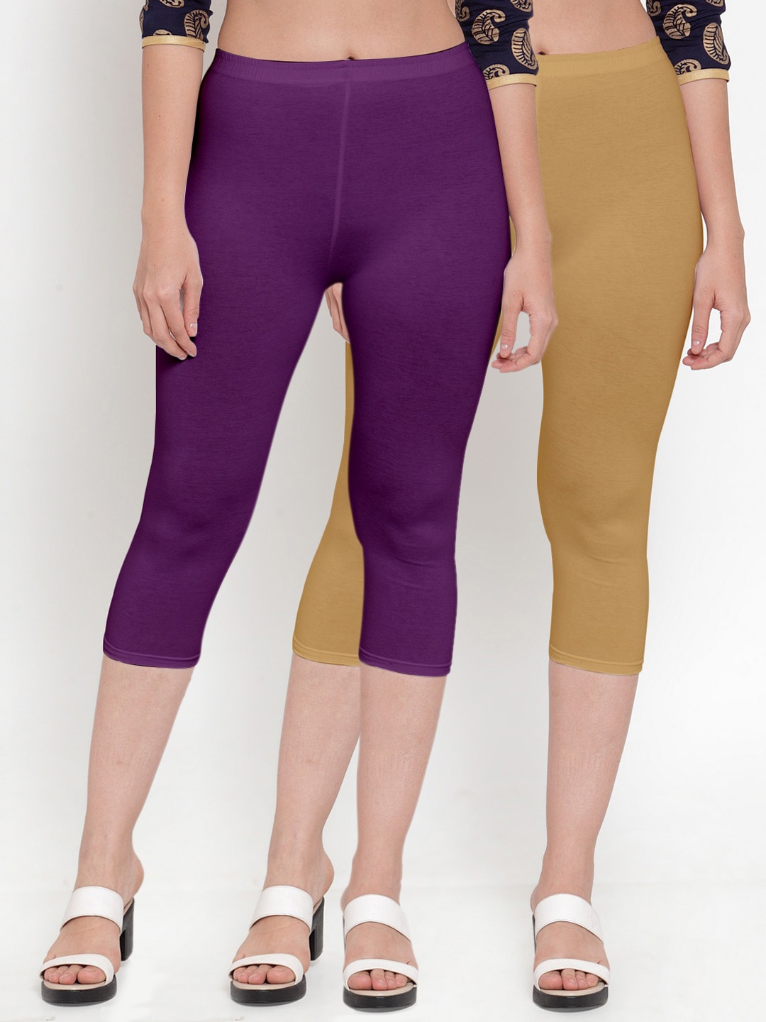 

GRACIT Women Set Of 2 Purple & Beige Solid Capris