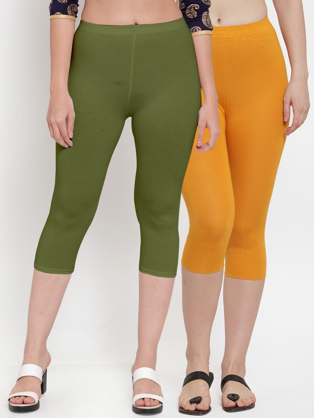 

GRACIT Women Yellow & Olive Set Of 2 Green Capris