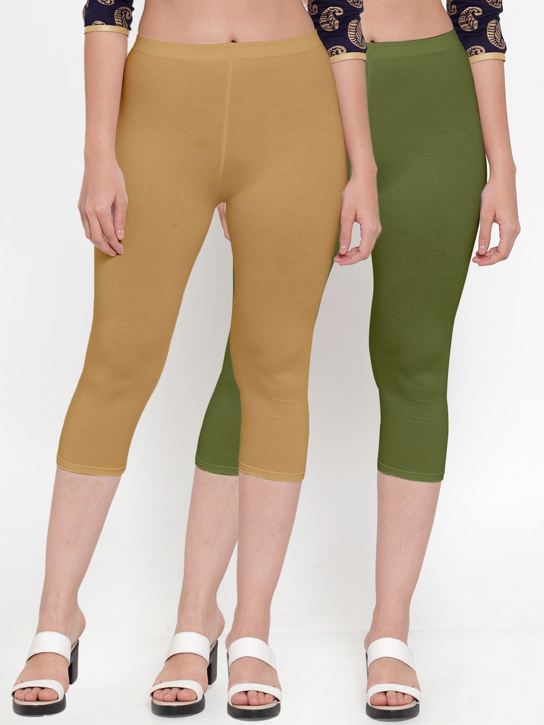 

GRACIT Women Set of 2 Beige and Green Capris