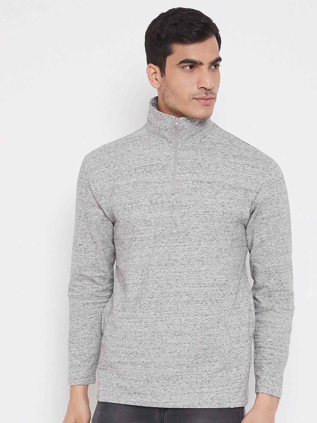 

Hypernation Men Grey High Neck Front Open T-shirt