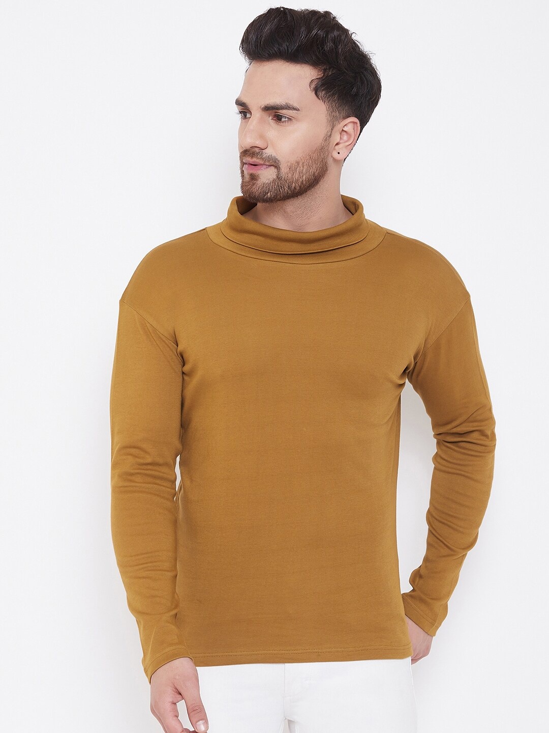 

Hypernation Men Yellow Cotton High Neck Slim Fit T-shirt