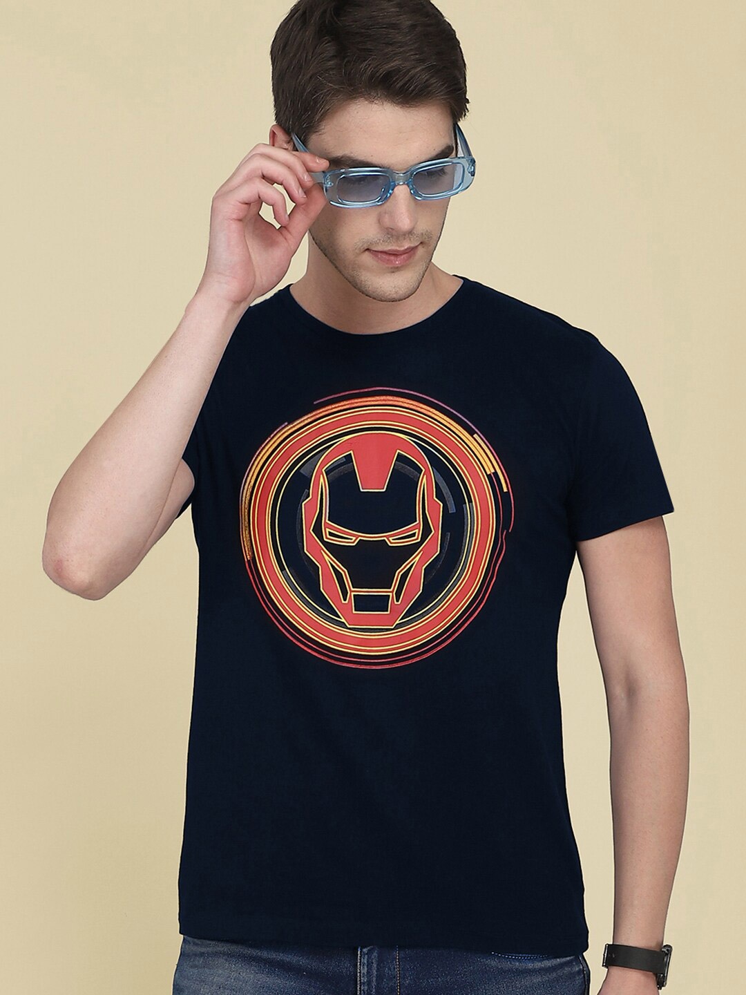 

Free Authority Men Navy Blue Iron Man Printed Cotton T-shirt