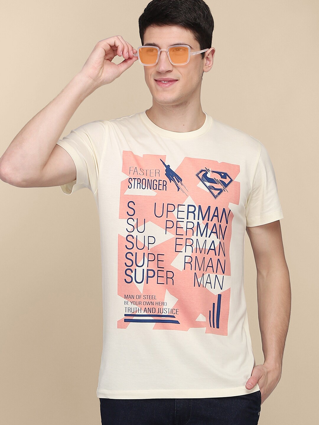 

Free Authority Men Cream Coloured Superman Printed Pure Cotton Tshirts