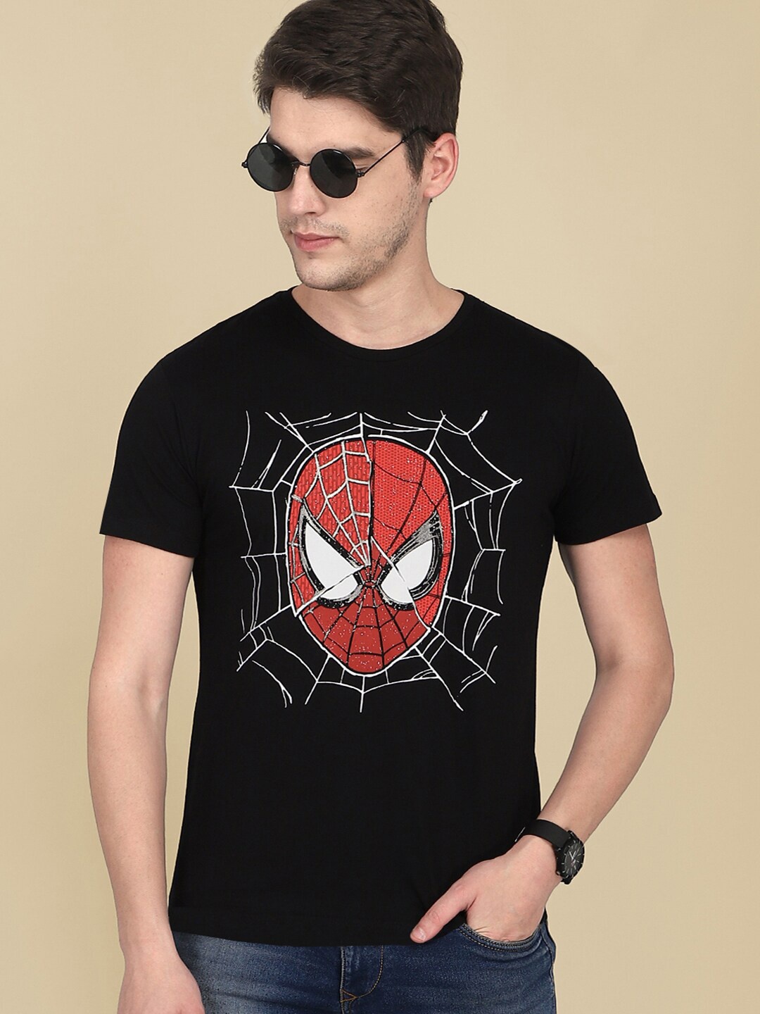 

Free Authority Men Black Spider-Man Printed Pure Cotton T-shirt