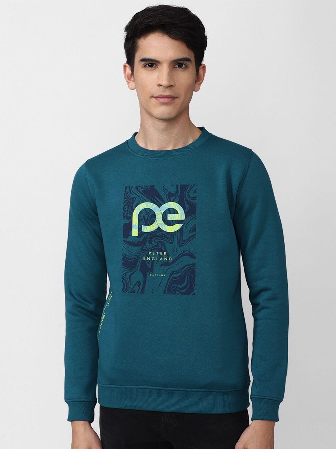 

Peter England Casuals Men Blue Printed Sweatshirt