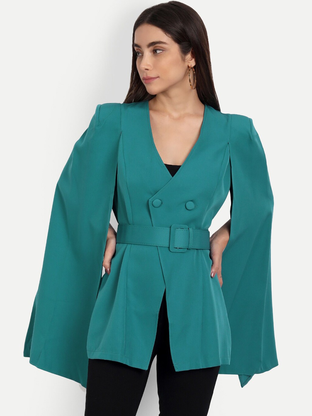 

iki chic Women Turquoise Blue Solid Wrap Coats