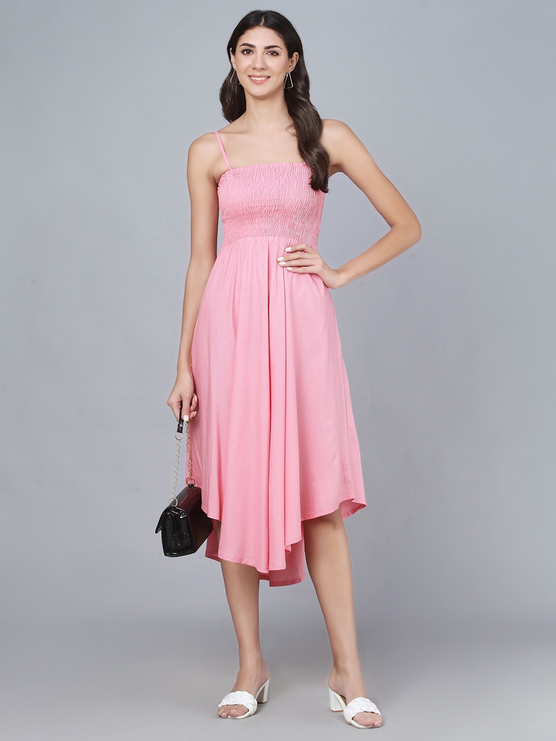 

Vastralay Women Pink Viscose Rayon Shoulder Straps Midi Dress