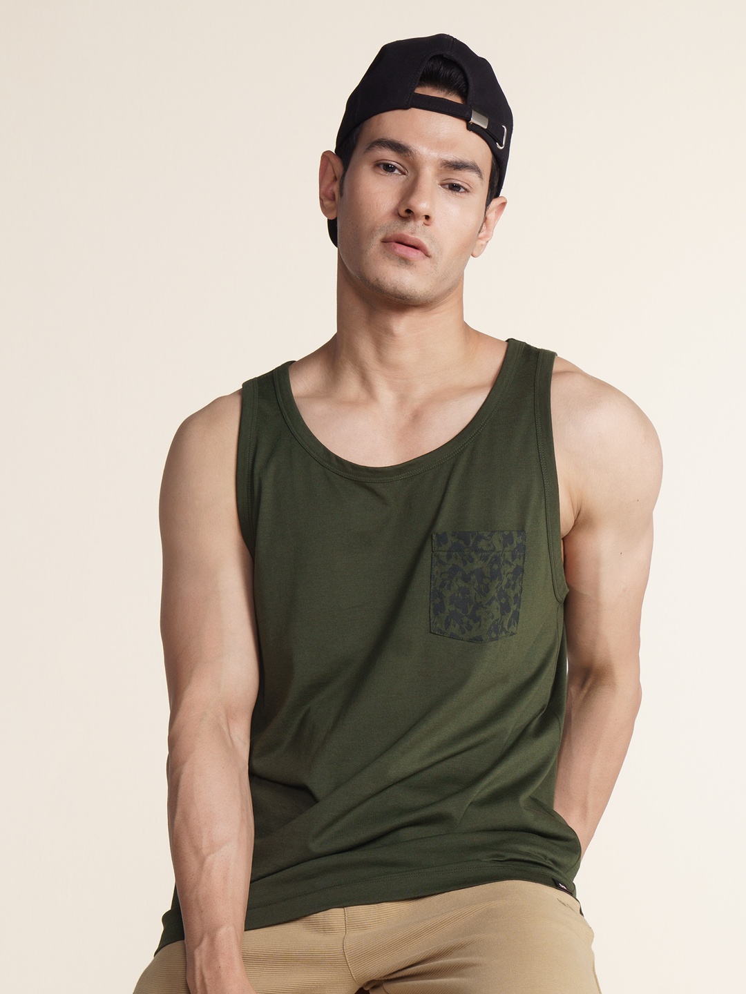 

DAMENSCH Men Solid Cotton Regular Fit Pocket Print Tank Top, Olive