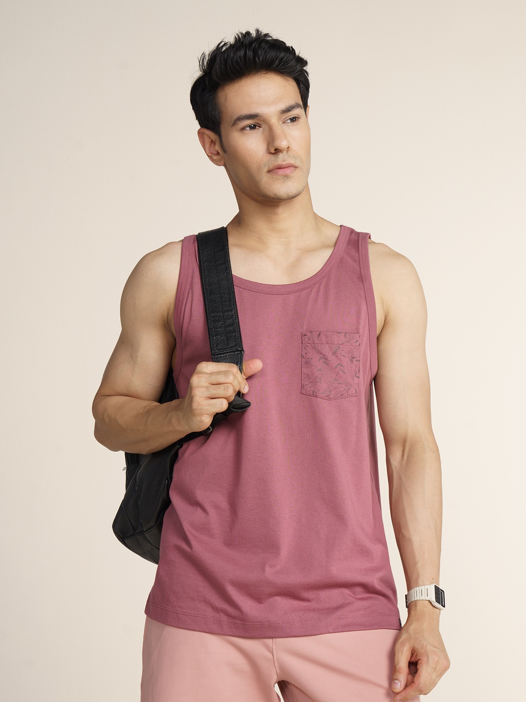 

DAMENSCH NEO-Cool Pure Cotton Regular Fit Pocket Print Tank T-shirt, Pink