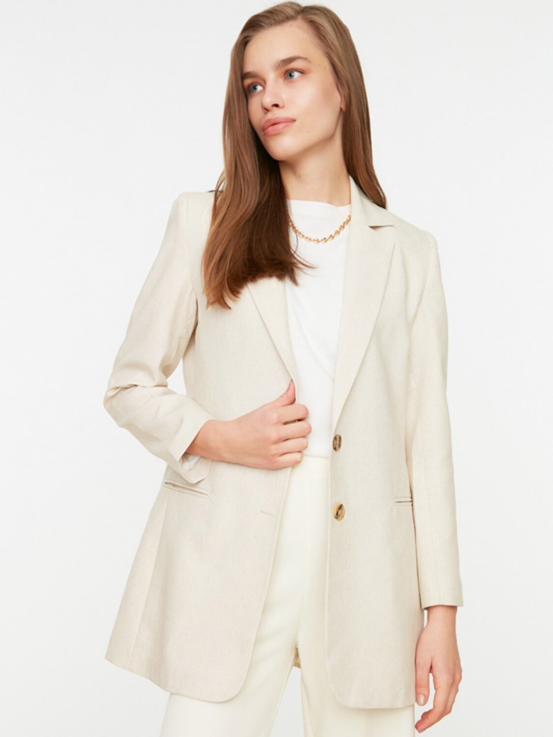 

Trendyol Women Notched Lapel Longline Overcoat, Beige
