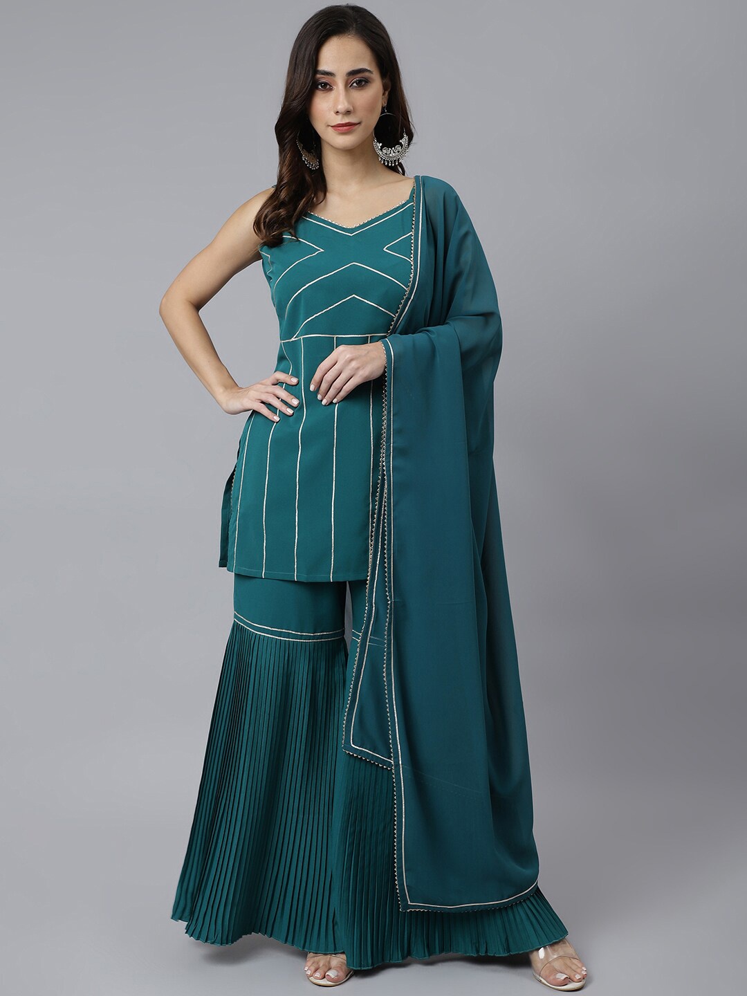

Janasya Women Teal Green Crepe Gotta Lace Kurta with Sharara and Dupatta