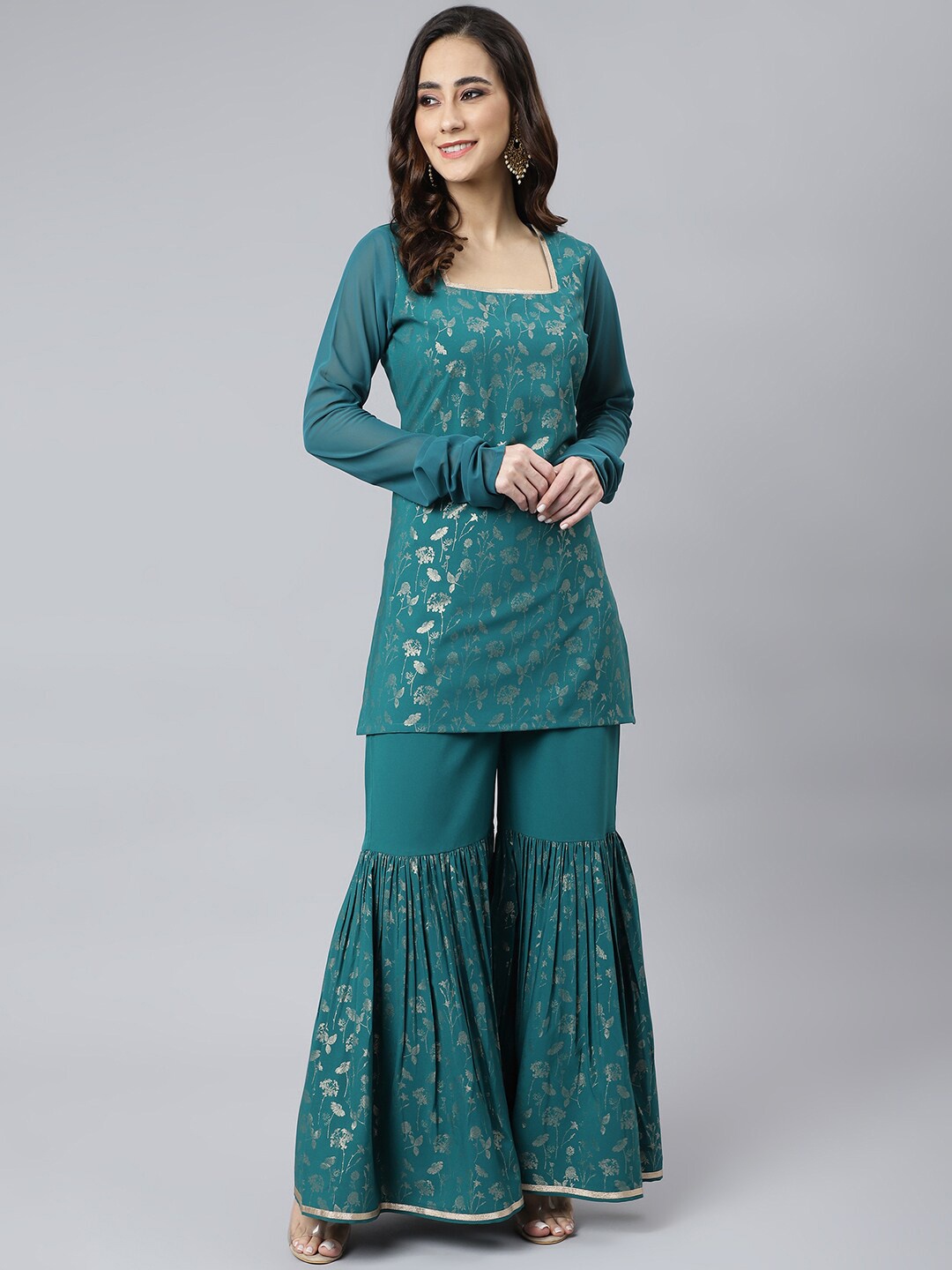 

Janasya Women Crepe Gold Printed Kurta with Sharara, Teal