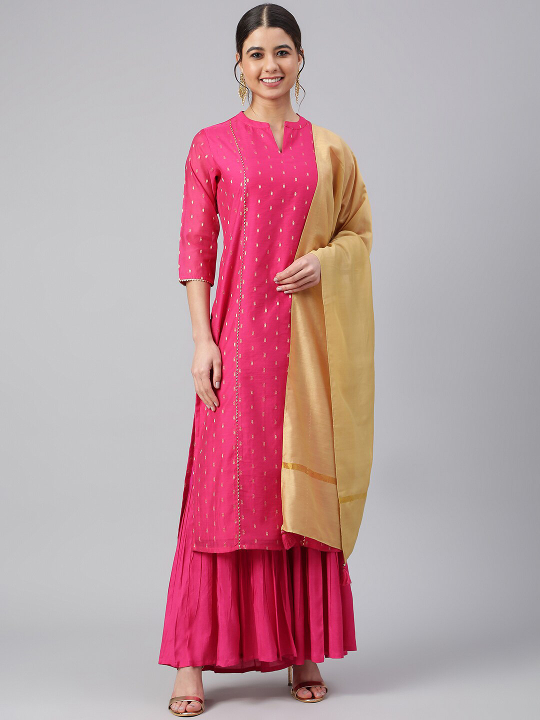

Janasya Women Pink Printed Gotta Patti Chanderi Silk Kurta with Palazzos & With Dupatta