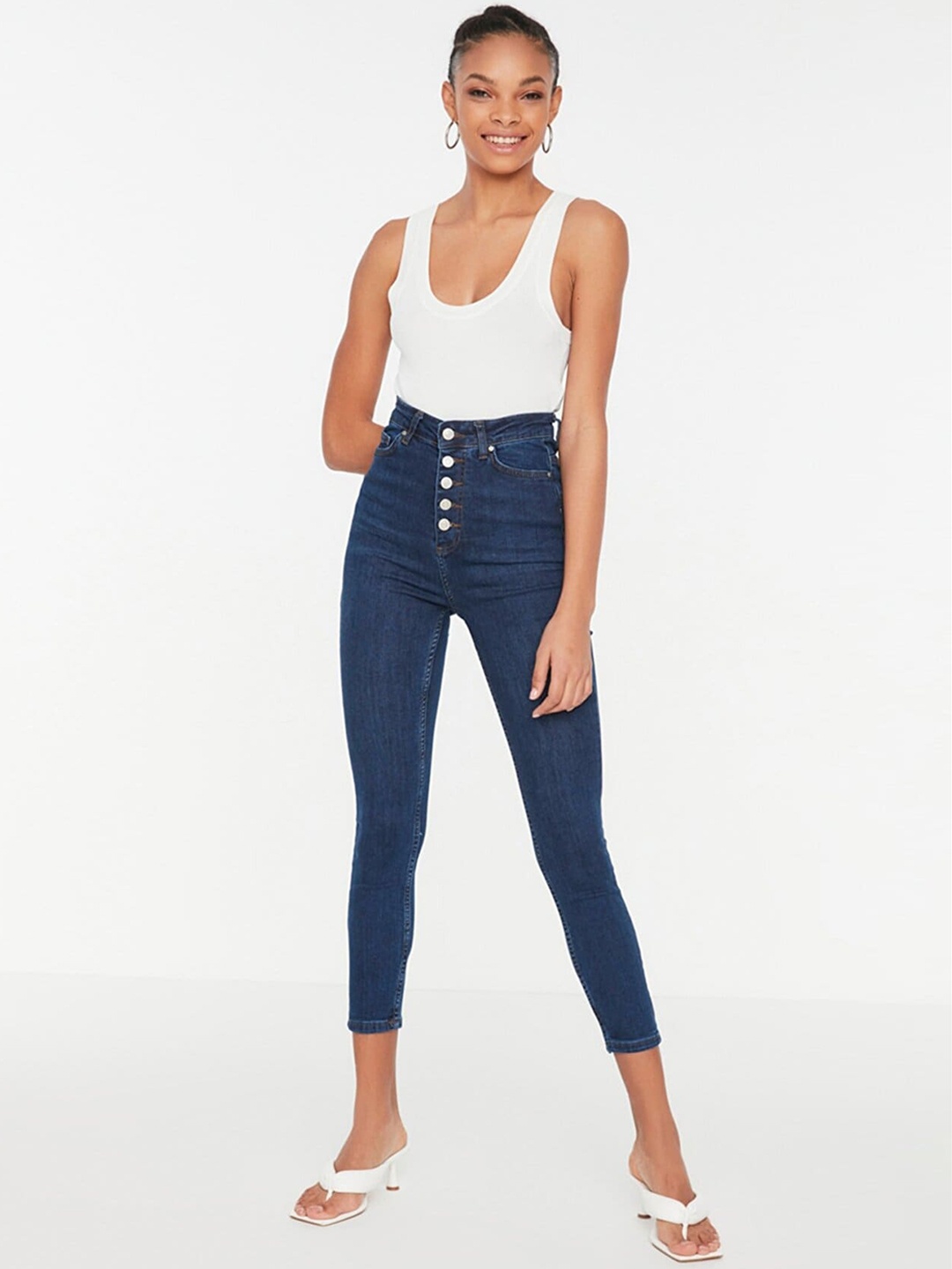 

Trendyol Women Navy Blue Solid High Rise Crop Jeans