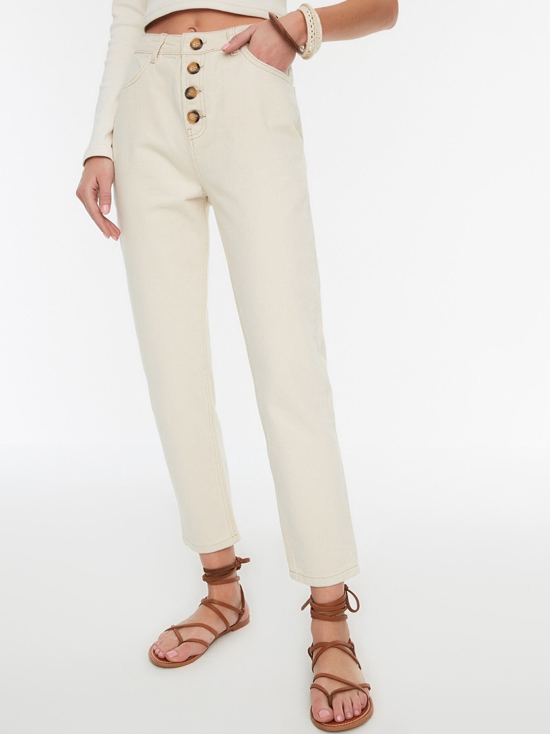 

Trendyol Women Cream-Coloured Cotton Jeans