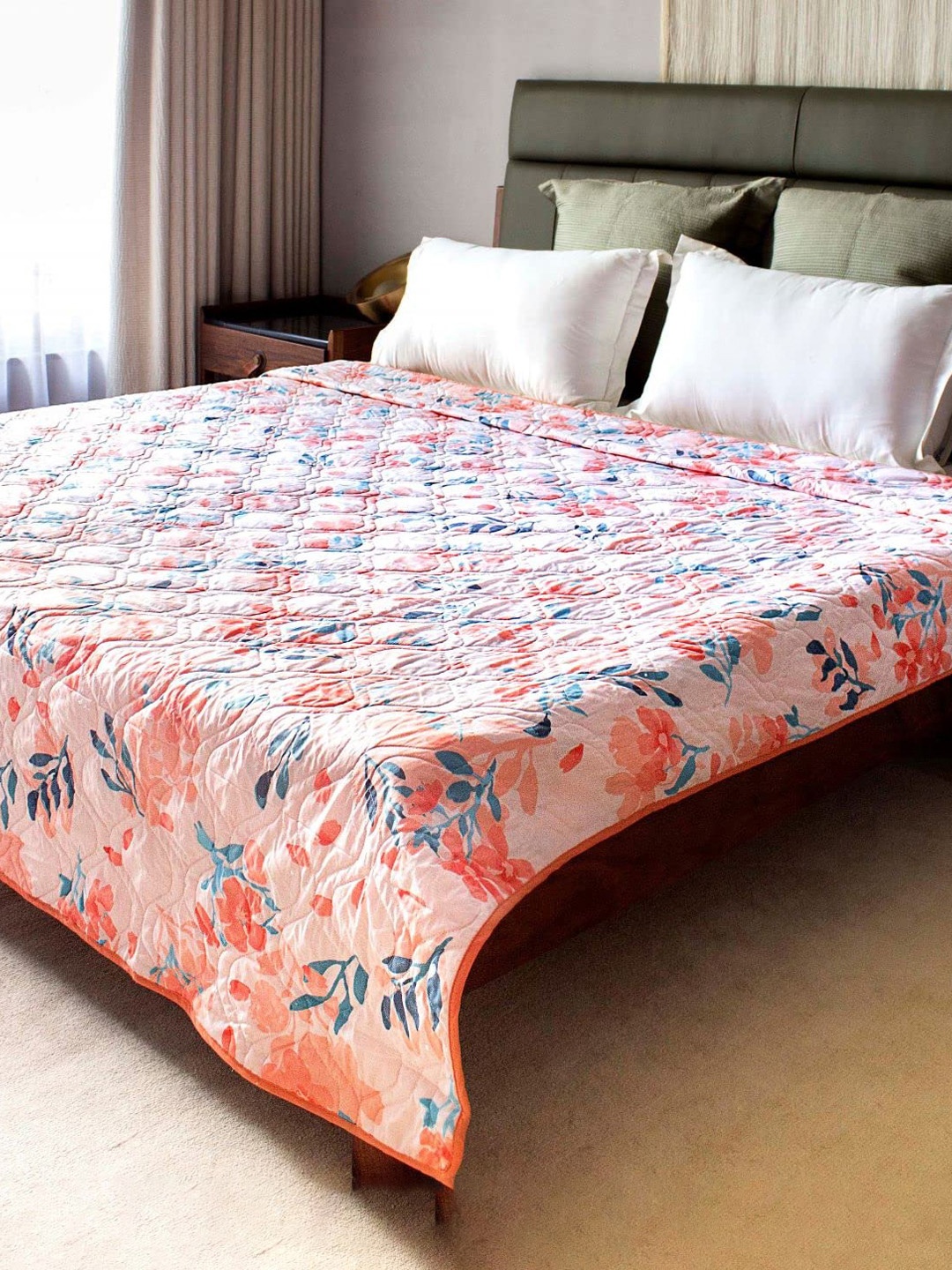 

URBAN SPACE Peach-Coloured & Blue Floral AC Room Single Bed Blanket