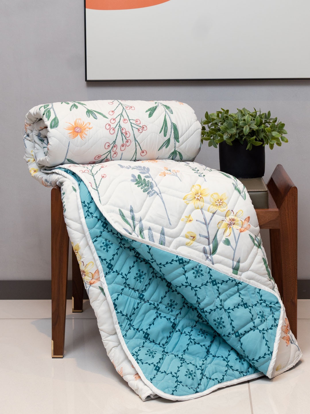 

URBAN SPACE Floral Print AC Room Single Bed Blanket, White