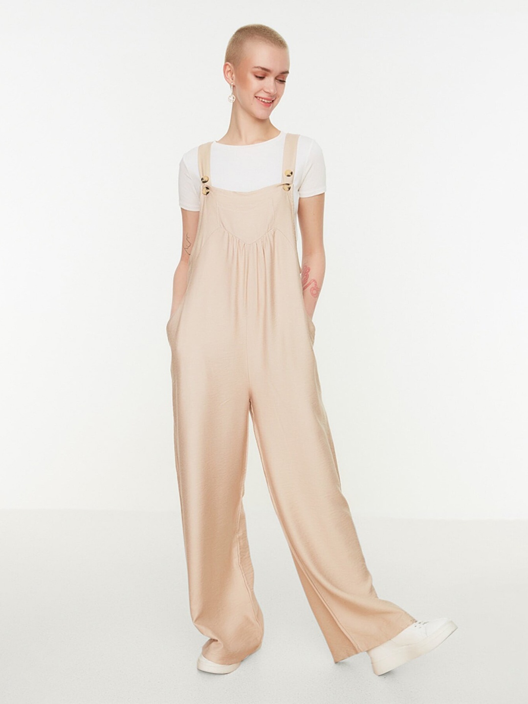 

Trendyol Brown & White Linen Basic Jumpsuit