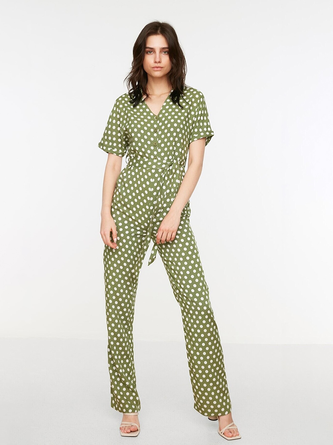 

Trendyol Khaki & White Polka Dots Printed Basic Jumpsuit