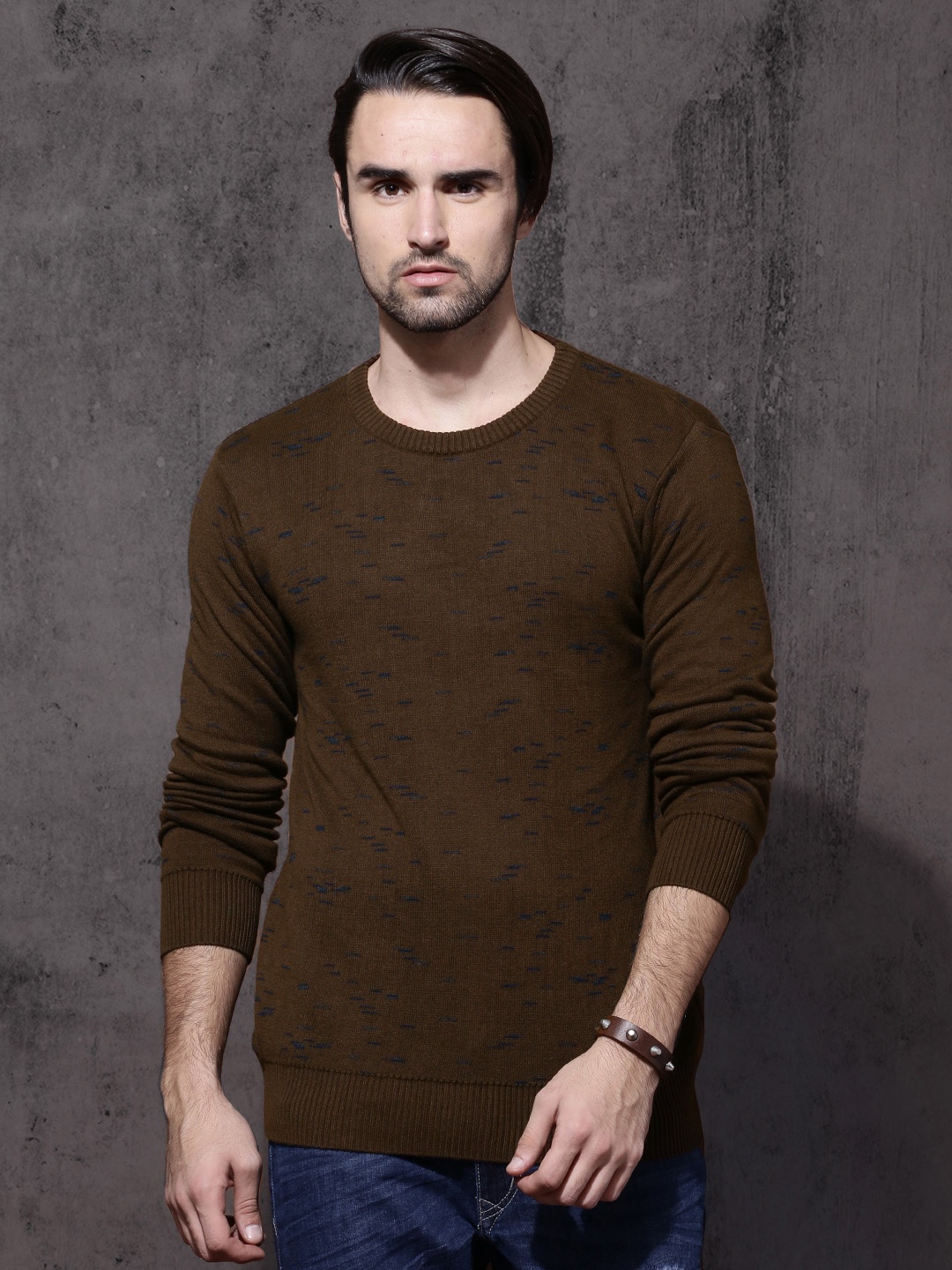 

Roadster Men Brown Self-Design Pullover Sweater